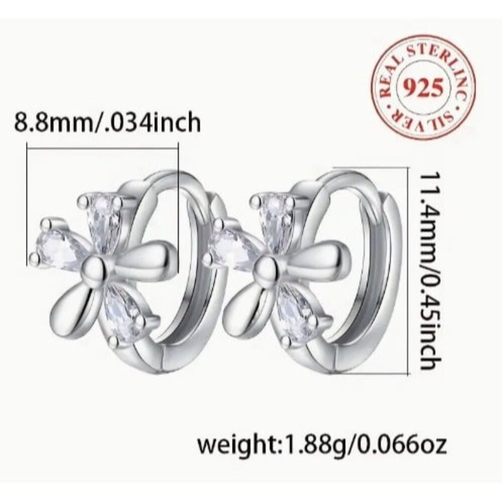 Sterling Silver Stimulated Diamond Zircon Flower Huggie Earrings - Picture 6 of 6